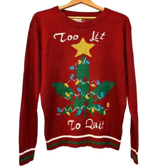Ugly Christmas Sweater Too Lit To Quit Pot Leaf Cannabis Lights Tree Large - Picture 1 of 9
